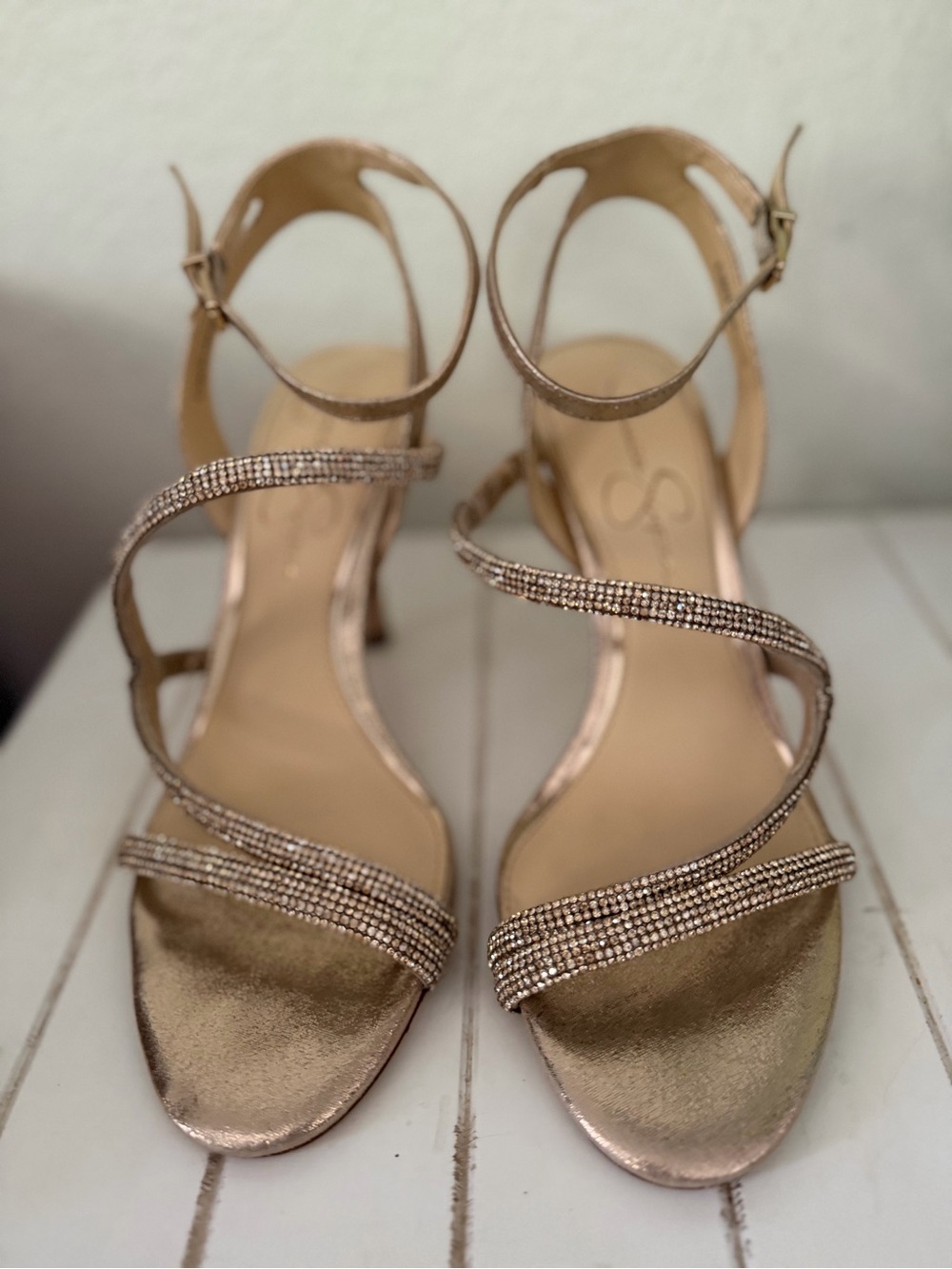 Jessica Simpson Rose Gold Rhinestone Strappy Heels